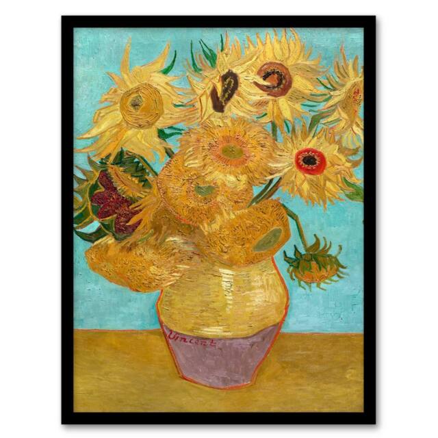 Artery8 Vincent van Gogh Framed Wall Art Print Vase with Twelve Sunflowers in Blue - Size: A4 - image 1