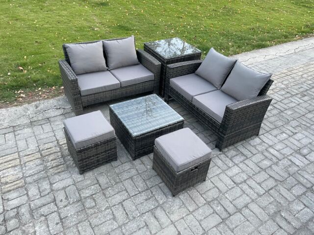 Fimous Rattan Garden Furniture Set 6 piece Patio Rattan Furniture Sofa Weaving Wicker includes 2 Double Seat Sofa, Coffee Table, 2 Small Footstools - image 1