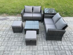 Fimous Rattan Garden Furniture Set 6 piece Patio Rattan Furniture Sofa Weaving Wicker includes 2 Double Seat Sofa, Coffee Table, 2 Small Footstools - thumbnail 2