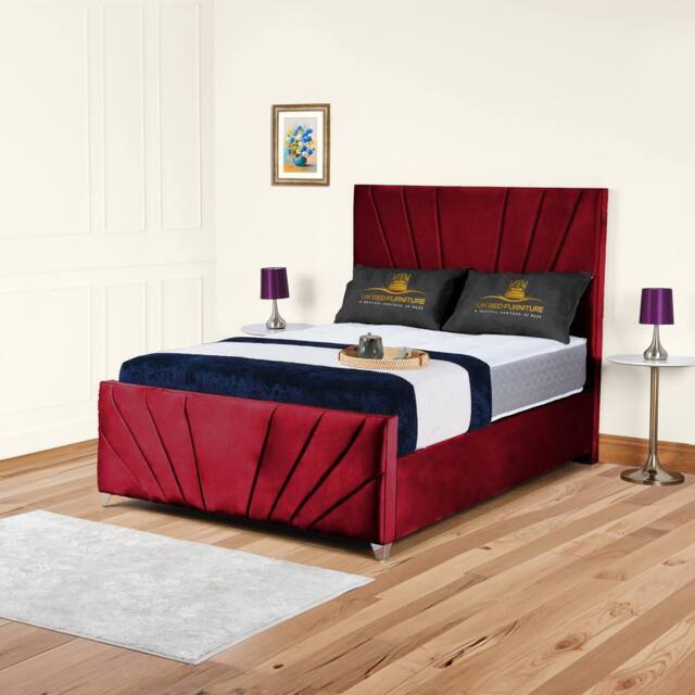 UK Bed Furniture Sunrise Slatted Base Upholstered Bed with 48 Inch Headboard in Maroon - Size: Super King - image 1