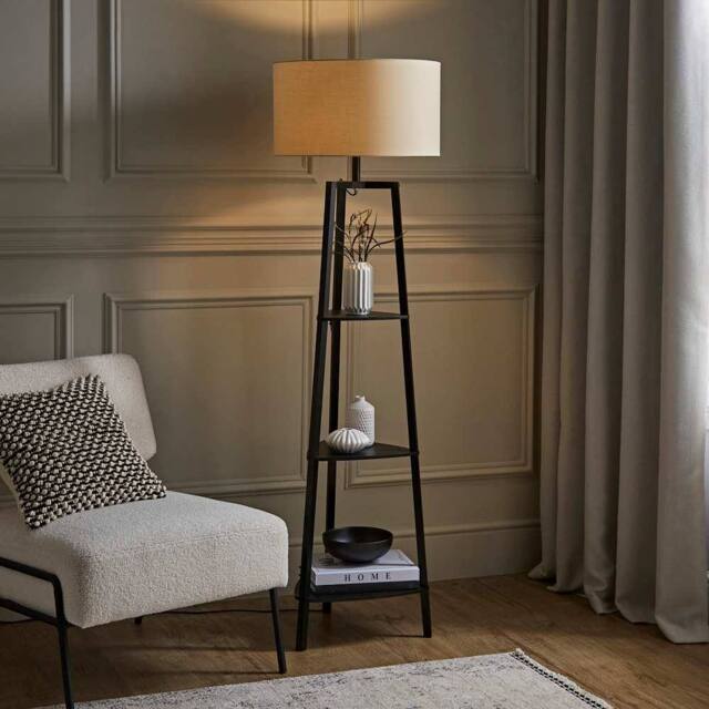 ValueLights Hiru Black 3 Tier Shelf Floor Lamp with Large Drum Shade & Bulb in Cream - image 1