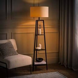 ValueLights Hiru Black 3 Tier Shelf Floor Lamp with Large Drum Shade & Bulb in Cream - thumbnail 2