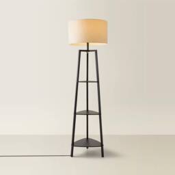 ValueLights Hiru Black 3 Tier Shelf Floor Lamp with Large Drum Shade & Bulb in Cream - thumbnail 3