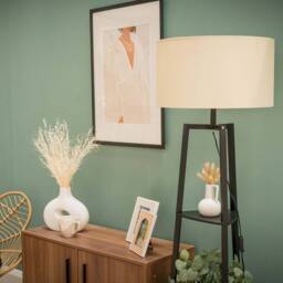 ValueLights Hiru Black 3 Tier Shelf Floor Lamp with Large Drum Shade & Bulb in Cream - thumbnail 8