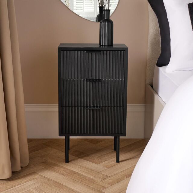 OHS Ribbed Bedside Table Modern Bedroom 3 Draw Office Nightstand in Black - image 1