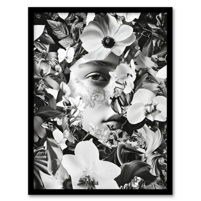 Artery8 Spring Face Flower Blooms Black White Collage Framed Art Print in Grey - Size: A4 - image 1