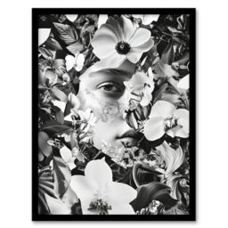 Artery8 Spring Face Flower Blooms Black White Collage Framed Art Print in Grey - Size: A4 - thumbnail 1