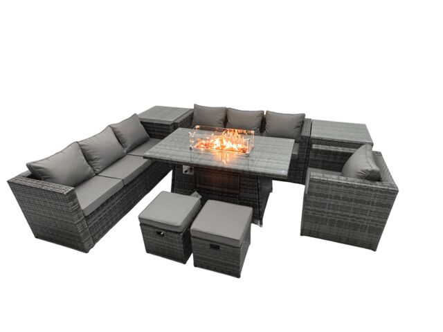 Fimous Rattan Garden Furniture Firepit Dining Set 9 Seater Lounge Sofa Table Set with 2 Side Table 2 Footstool in Dark Grey - image 1
