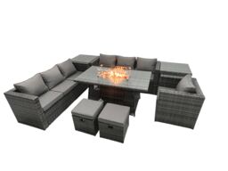 Fimous Rattan Garden Furniture Firepit Dining Set 9 Seater Lounge Sofa Table Set with 2 Side Table 2 Footstool in Dark Grey - thumbnail 1