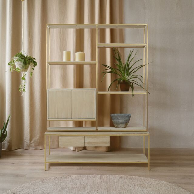 Orsina Iron Framed Shelf Unit For Study Room, Bookcase Storage Unit, Gold Finished Display Unit, Oak Wood Shelf Unit - image 1