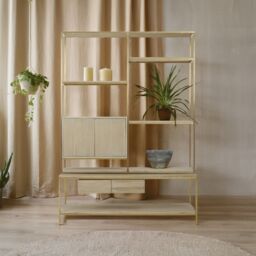 Orsina Iron Framed Shelf Unit For Study Room, Bookcase Storage Unit, Gold Finished Display Unit, Oak Wood Shelf Unit - thumbnail 1