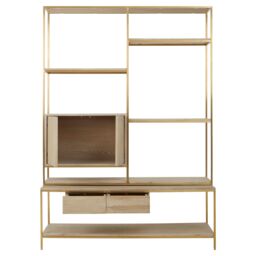 Orsina Iron Framed Shelf Unit For Study Room, Bookcase Storage Unit, Gold Finished Display Unit, Oak Wood Shelf Unit - thumbnail 3