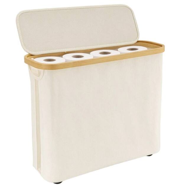 Nordara White 30L Toilet Basket with Lid & Bamboo Frame in Cream - image 1