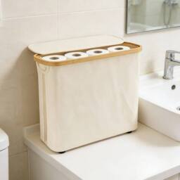 Nordara White 30L Toilet Basket with Lid & Bamboo Frame in Cream - thumbnail 4