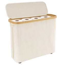 Nordara White 30L Toilet Basket with Lid & Bamboo Frame in Cream - thumbnail 1