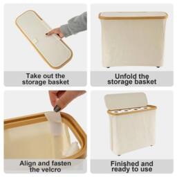 Nordara White 30L Toilet Basket with Lid & Bamboo Frame in Cream - thumbnail 3