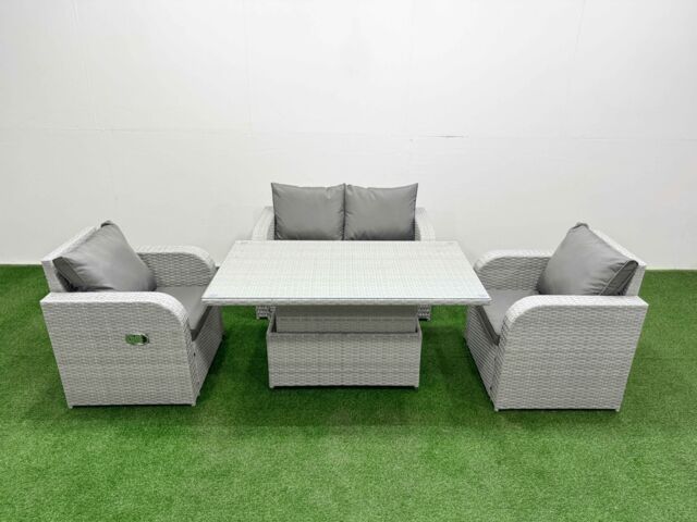 Fimous Light Grey PE Wicker Rattan Garden Furniture Set Sofa Set Reclining Chair Adjustable Lifting Dining or Coffee Table 4 Seater - image 1