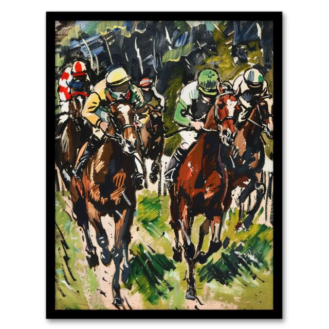 "Artery8 Jockeys in Horse Racing Scene Modernist Painting Framed Art Print in Green - Size: W12"" x H16""" - image 1