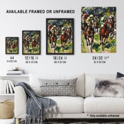 "Artery8 Jockeys in Horse Racing Scene Modernist Painting Framed Art Print in Green - Size: W12"" x H16""" - thumbnail 3