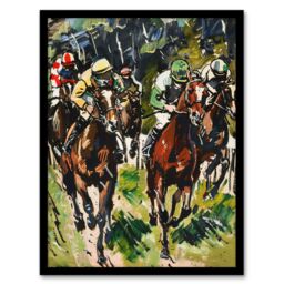 "Artery8 Jockeys in Horse Racing Scene Modernist Painting Framed Art Print in Green - Size: W12"" x H16""" - thumbnail 1