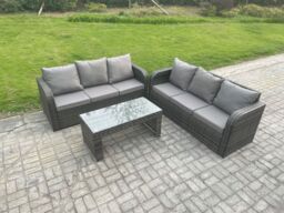 Fimous Patio Garden Furniture Sets Wicker Outdoor Rattan Furniture Sofa Sets with Rectangular Coffee Table in Dark Grey - thumbnail 2