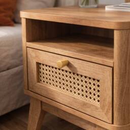 CALICOSY Bedside Table With 1 Drawer, Rattan Front & 1 Niche, 39 Cm Wide - P… in Light Brown - thumbnail 3