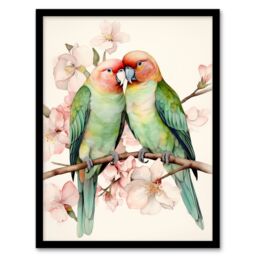 Artery8 Birds Of A Feather Love Birds Perched On A Cherry Bloom Artwork Framed Wall Art Print A4 in Black - thumbnail 1