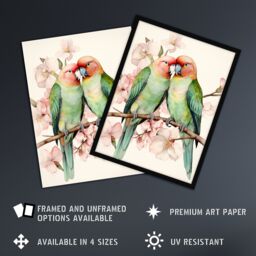 Artery8 Birds Of A Feather Love Birds Perched On A Cherry Bloom Artwork Framed Wall Art Print A4 in Black - thumbnail 2
