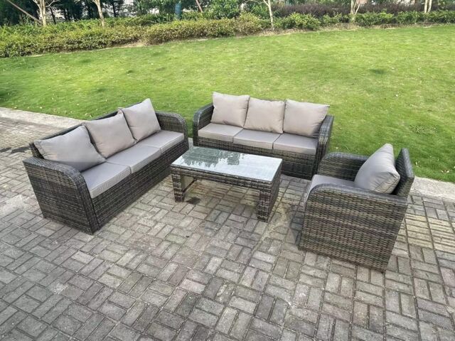 Fimous 7 Seater PE High Back Rattan Garden Furniture Set Reclining Chair Lounge 3 Seater Sofa Set Coffee Table in Dark Grey - image 1