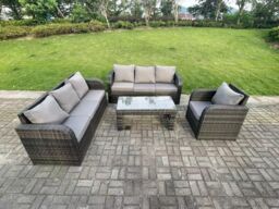 Fimous 7 Seater PE High Back Rattan Garden Furniture Set Reclining Chair Lounge 3 Seater Sofa Set Coffee Table in Dark Grey - thumbnail 2