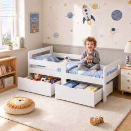 AIYAPLAY Wooden Kids Bed Frame with 2 Storage Drawers for Ages 4-14 in White - Size: 140 cm x 70 cm - thumbnail 2