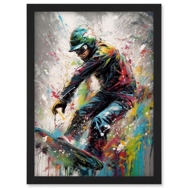 Artery8 Snowboarding Extreme Sport Athlete Paint Splat Artwork Framed Wall Art Print A4 in Black - image 1