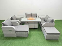 Fimous 8 Seater Outdoor Reclining Chair Love Sofa Set Rattan Garden Furniture Set with Firepit Dining Table 2 Big FootStools 2 Side Table Light Grey - thumbnail 1