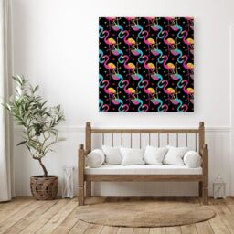 "Warren Reed - Designer Vivid Flamingo Pattern Canvas in Black - Size: W16"" x H16""" - thumbnail 3