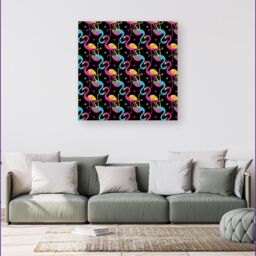 "Warren Reed - Designer Vivid Flamingo Pattern Canvas in Black - Size: W16"" x H16""" - thumbnail 4