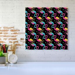 "Warren Reed - Designer Vivid Flamingo Pattern Canvas in Black - Size: W16"" x H16""" - thumbnail 2