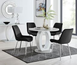 FurnitureboxUK Giovani Round 4 Seat 100cm White High Gloss Halo Base Grey Glass Top Dining Table 4 Soft Velvet Silver Leg Pesaro Chairs in Black