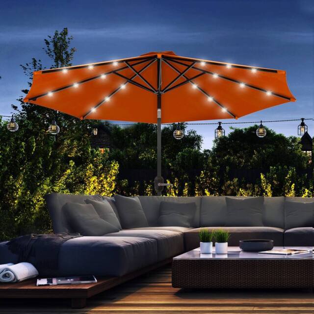 OUTSUNNY 2.7m Patio Garden Umbrella Outdoor Parasol with Tilt Crank & 24 LEDs Lights in Orange - image 1