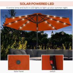 OUTSUNNY 2.7m Patio Garden Umbrella Outdoor Parasol with Tilt Crank & 24 LEDs Lights in Orange - thumbnail 4