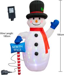 Shatchi 6ft Inflatable Hand Waving Snowman with North Pole Sign Board Pre Lit Mains Powered White LED Lights - thumbnail 2