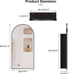 KEEPREAPER Black Arched Bathroom Mirror Cabinet 40x80cm Metal Frame Wall - Size: 40x80 cm - thumbnail 3