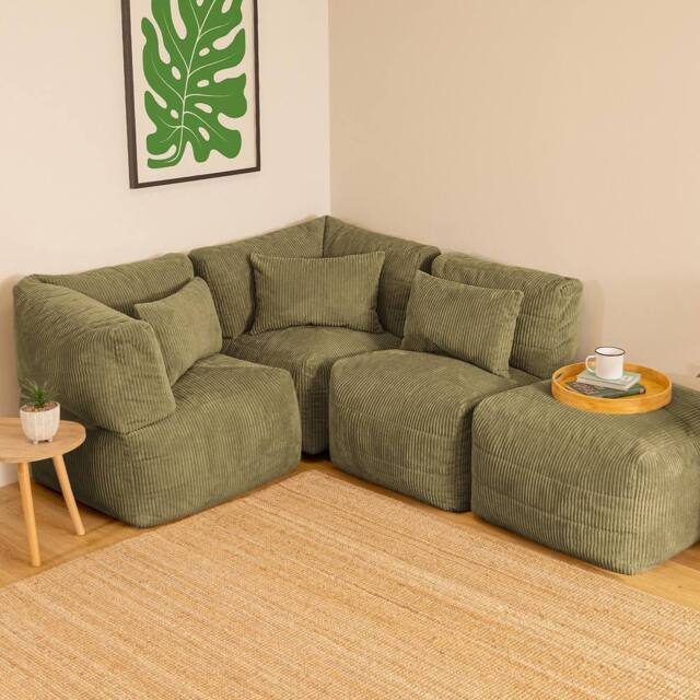 icon 4pcs Noa Bean Bag, 2x Corner, 1x Recliner, 1x Slab, Jumbo Cord in Green - image 1