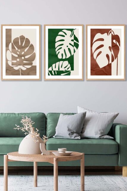 ARTZE Set of 3 Oak Framed Mid Century Monstera in Beige & Green Wall Art in Dark Green - Size: W33 cm x H45 cm x D20mm - image 1