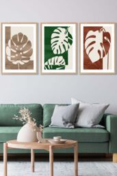 ARTZE Set of 3 Oak Framed Mid Century Monstera in Beige & Green Wall Art in Dark Green - Size: W33 cm x H45 cm x D20mm - thumbnail 1