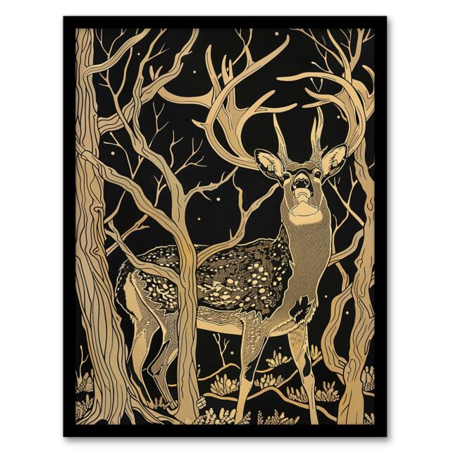 "Artery8 Deer Forest Tree Tan Brown Landscape Framed Art Print - Size: W12"" x H16""" - image 1