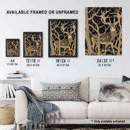 "Artery8 Deer Forest Tree Tan Brown Landscape Framed Art Print - Size: W12"" x H16""" - thumbnail 3