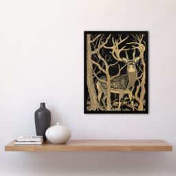 "Artery8 Deer Forest Tree Tan Brown Landscape Framed Art Print - Size: W12"" x H16""" - thumbnail 4