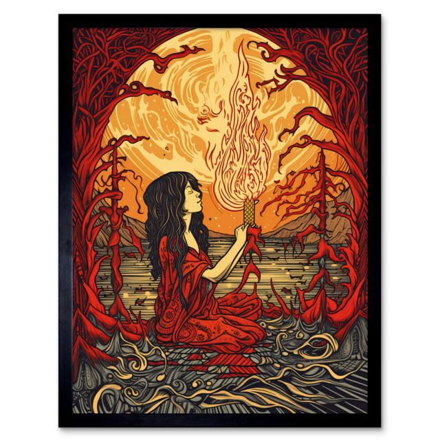 "Artery8 Wall Art Print Red Witch Concept Art Fire Priestess Art Nouveau Art Framed in Black - Size: W12"" x H16""" - image 1