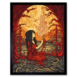 "Artery8 Wall Art Print Red Witch Concept Art Fire Priestess Art Nouveau Art Framed in Black - Size: W12"" x H16""" - thumbnail 1