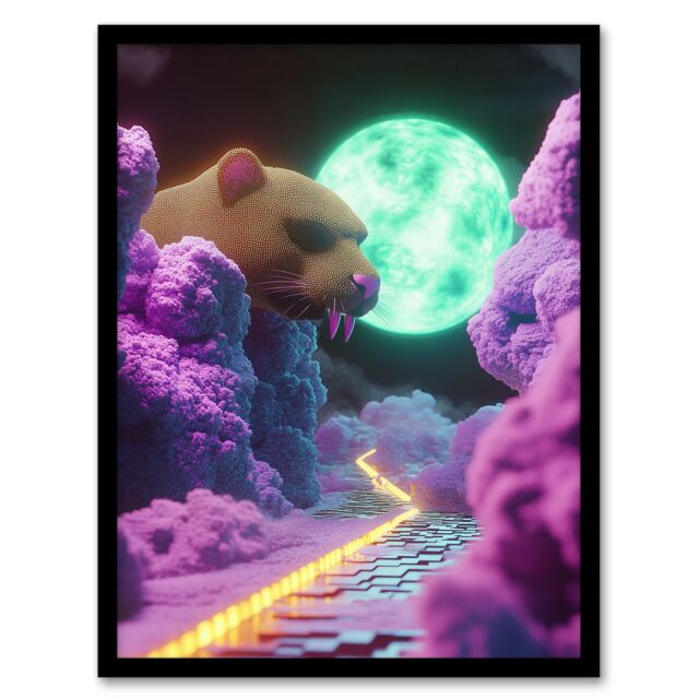 Artery8 Sci Fi Fantasy Landscape Large Rat Neon Moon Framed Art Print in Pink - Size: A4 - image 1